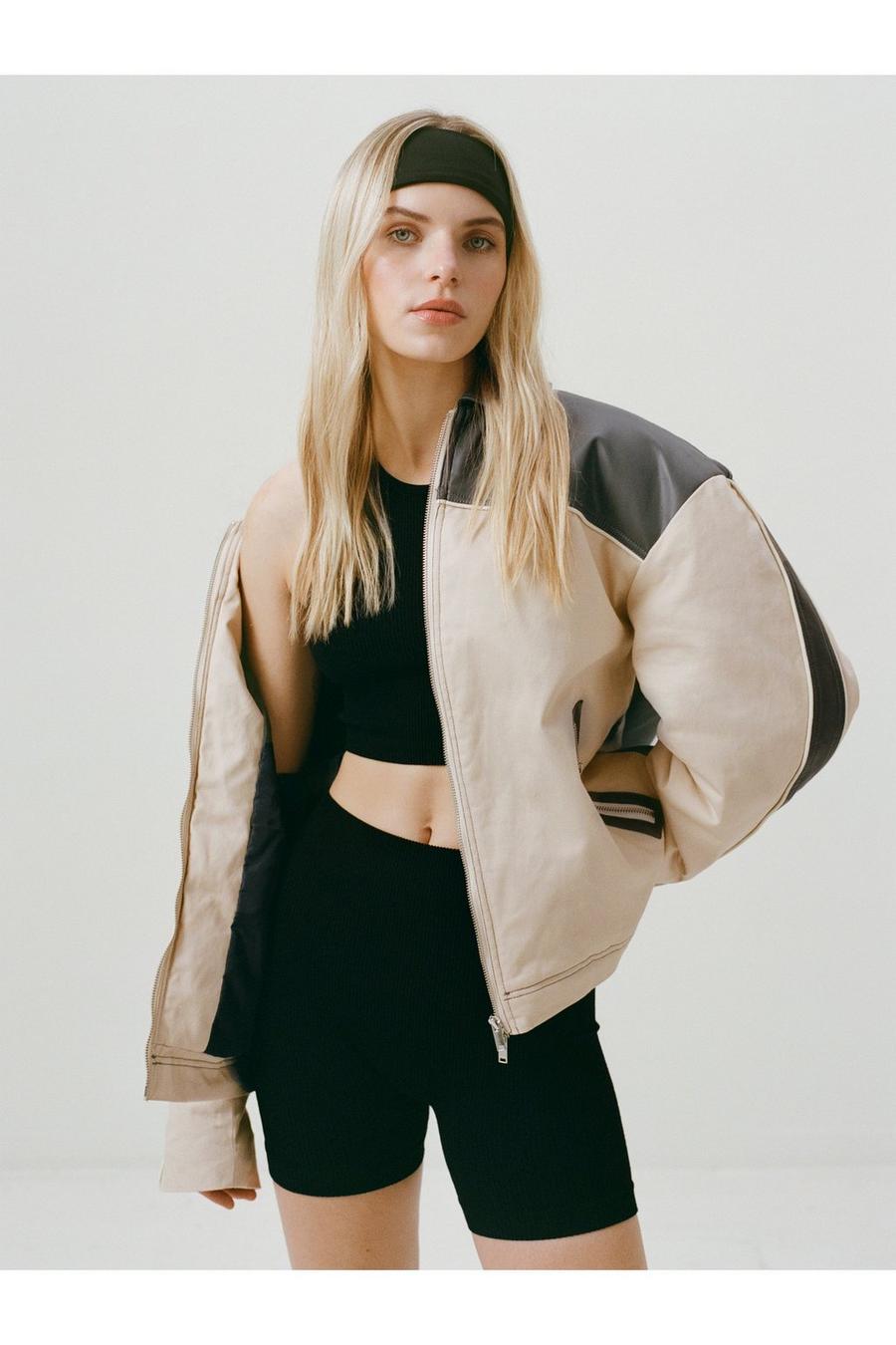 Twill & Faux Leather Color Block Trucker Jacket