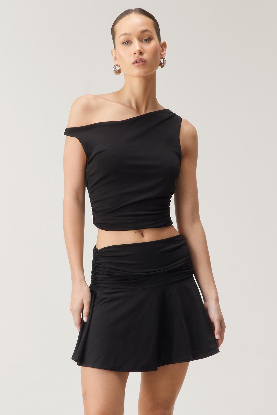 Black Premium Slinky Fold Over Mini Skirt image number 1