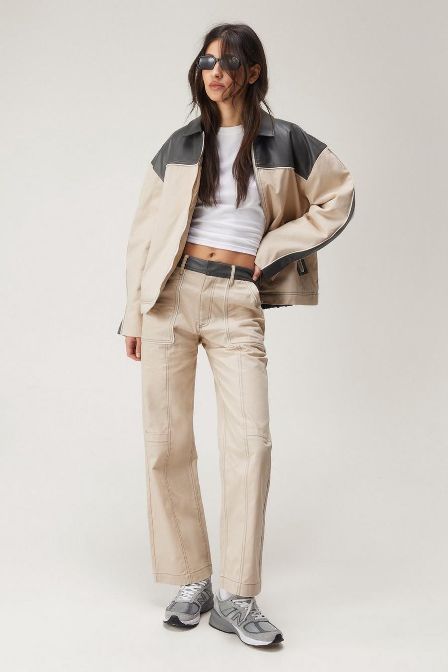 Twill & Faux Leather Colour Block Straight Leg Trousers