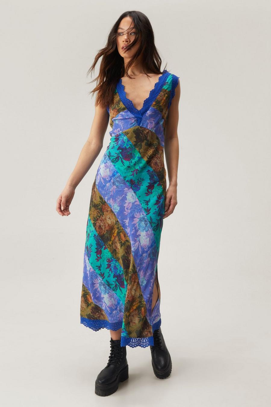 Floral Stripe Plunge Lace Trim Maxi Dress