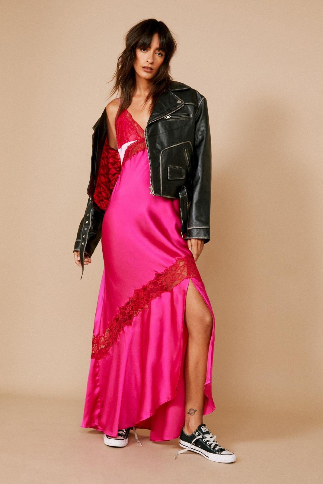 Pink Satin Lace Trim Maxi Dress image number 1