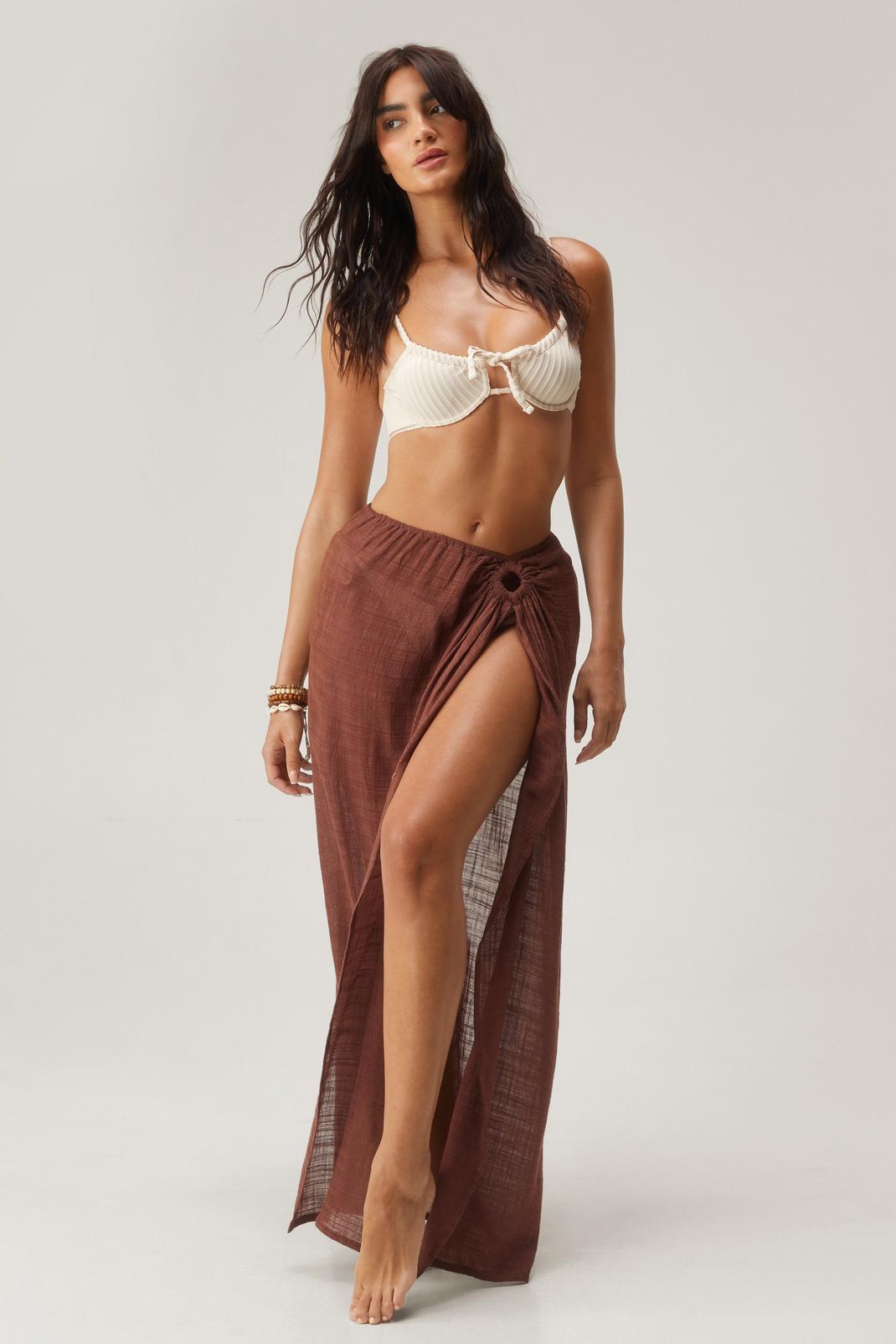 Chocolate Cotton Split Ruched Beach Skirt image number 1