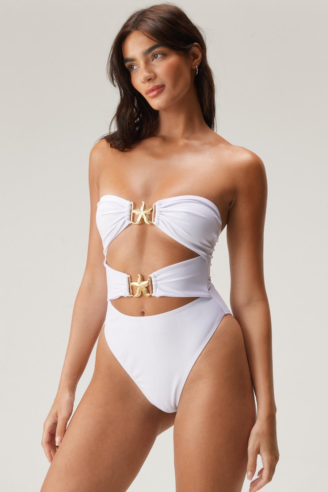 White Bandeau Starfish Trim Cut Out Swimsuit image number 1