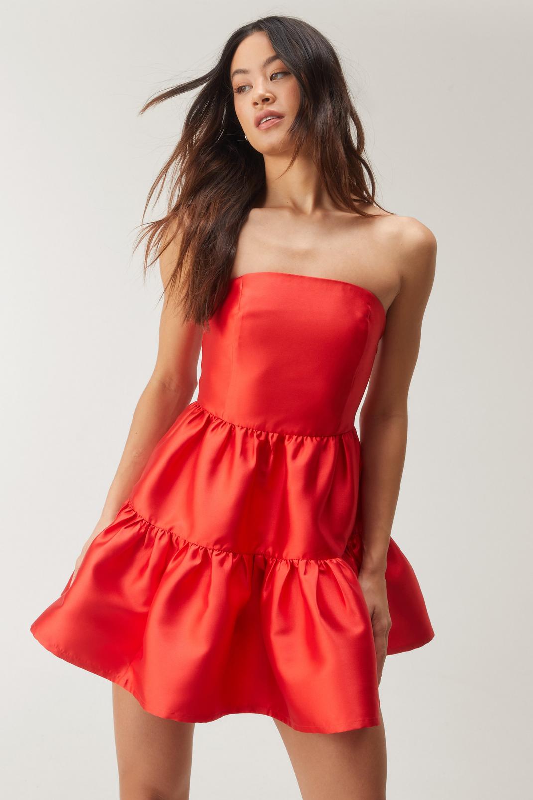 Red Structured Tiered Bandeau Mini Dress image number 1