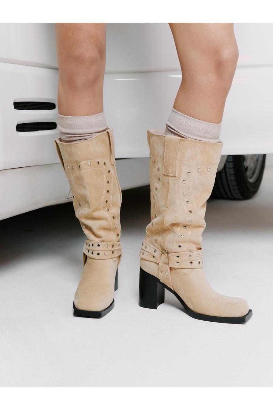 Faux Suede Slouchy Studded Harness Boot