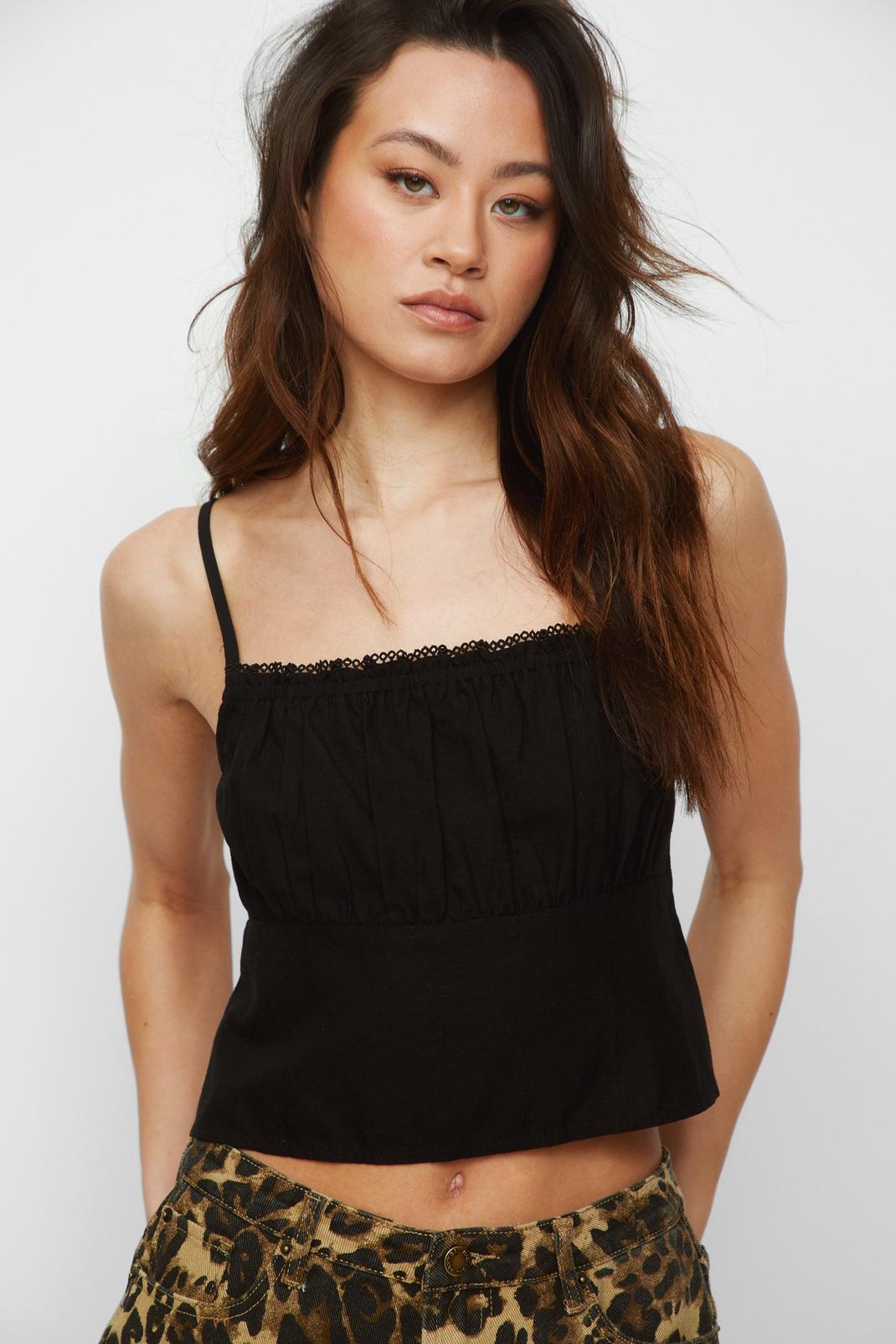 Black  Lace Trim Strappy Linen Mix Cami image number 1