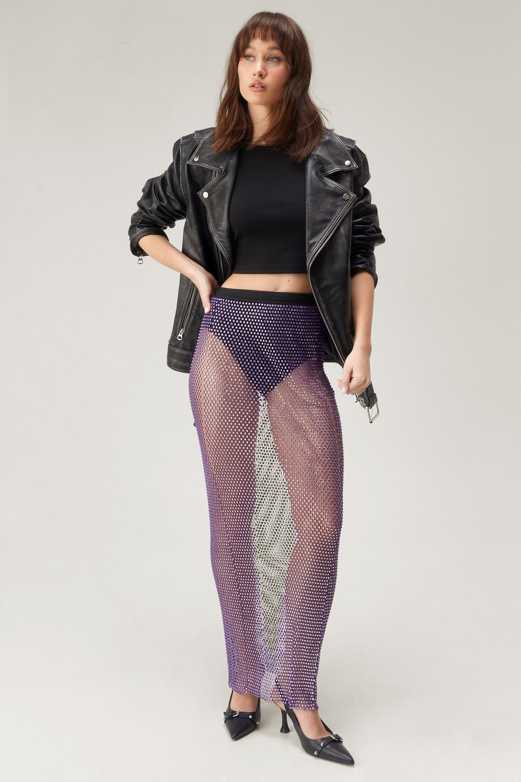 Purple Sheer Diamante Maxi Skirt image number 1