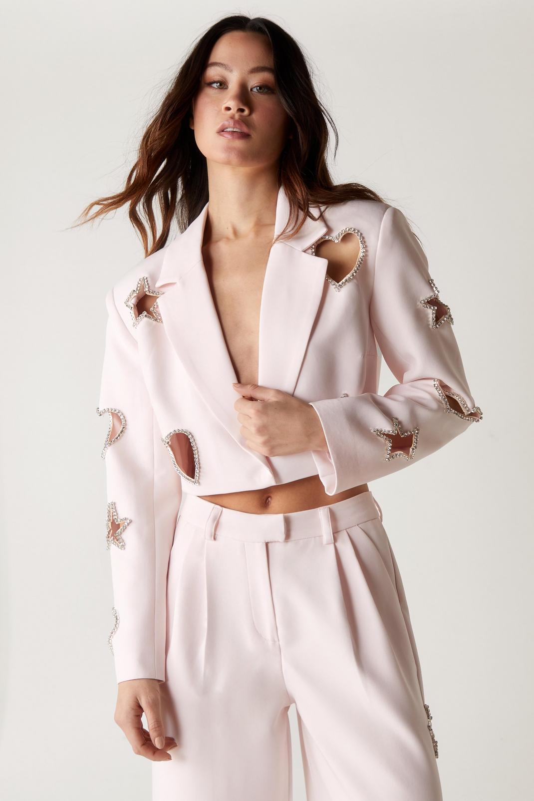 Pink Premium Cut Out Embellished Cropped Blazer image number 1
