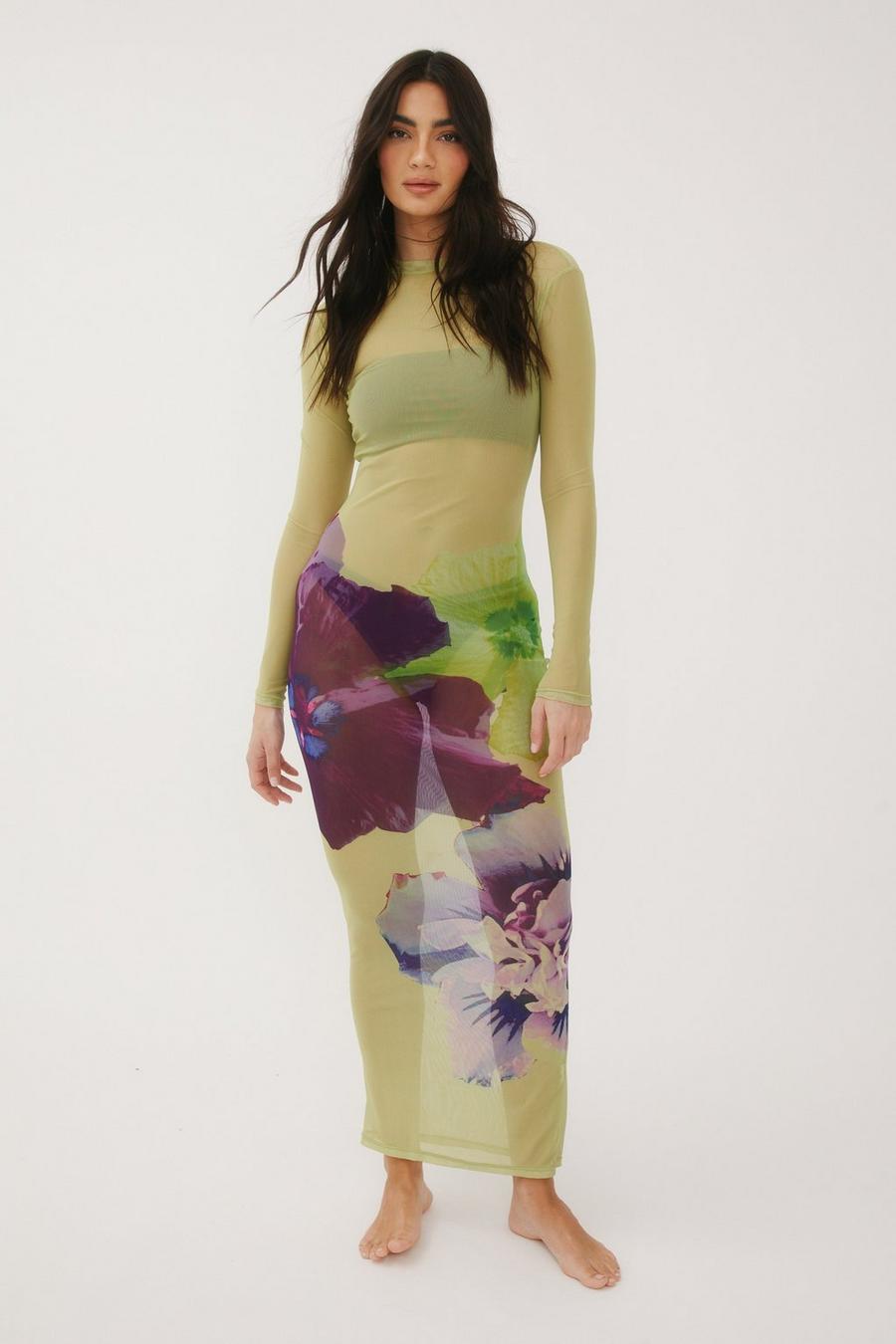 Placement Floral Mesh Maxi Dress And Bandeau Bikini 3pc