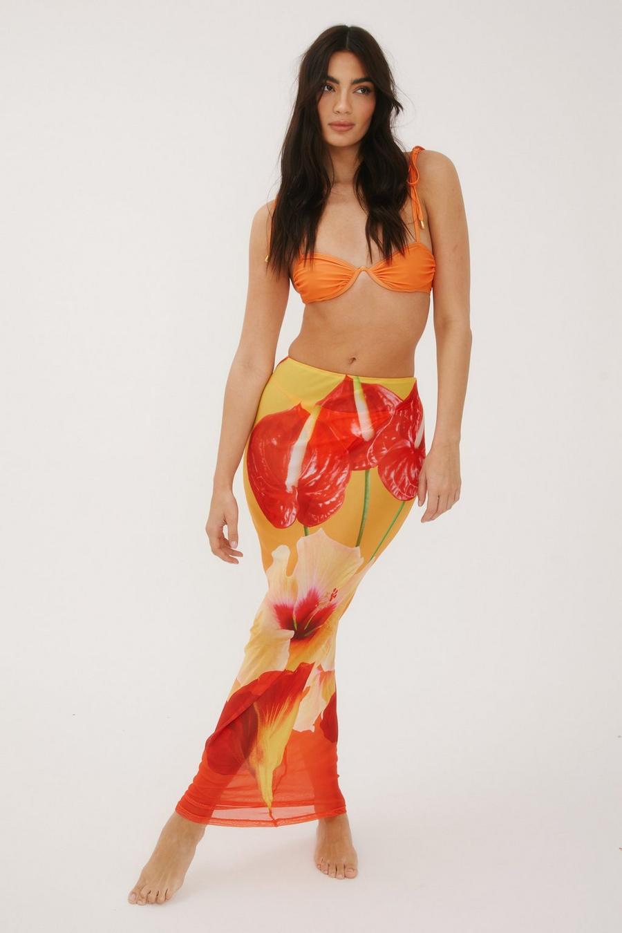 Underwire Bikini And Placement Flower Mesh Maxi Skirt 3pc