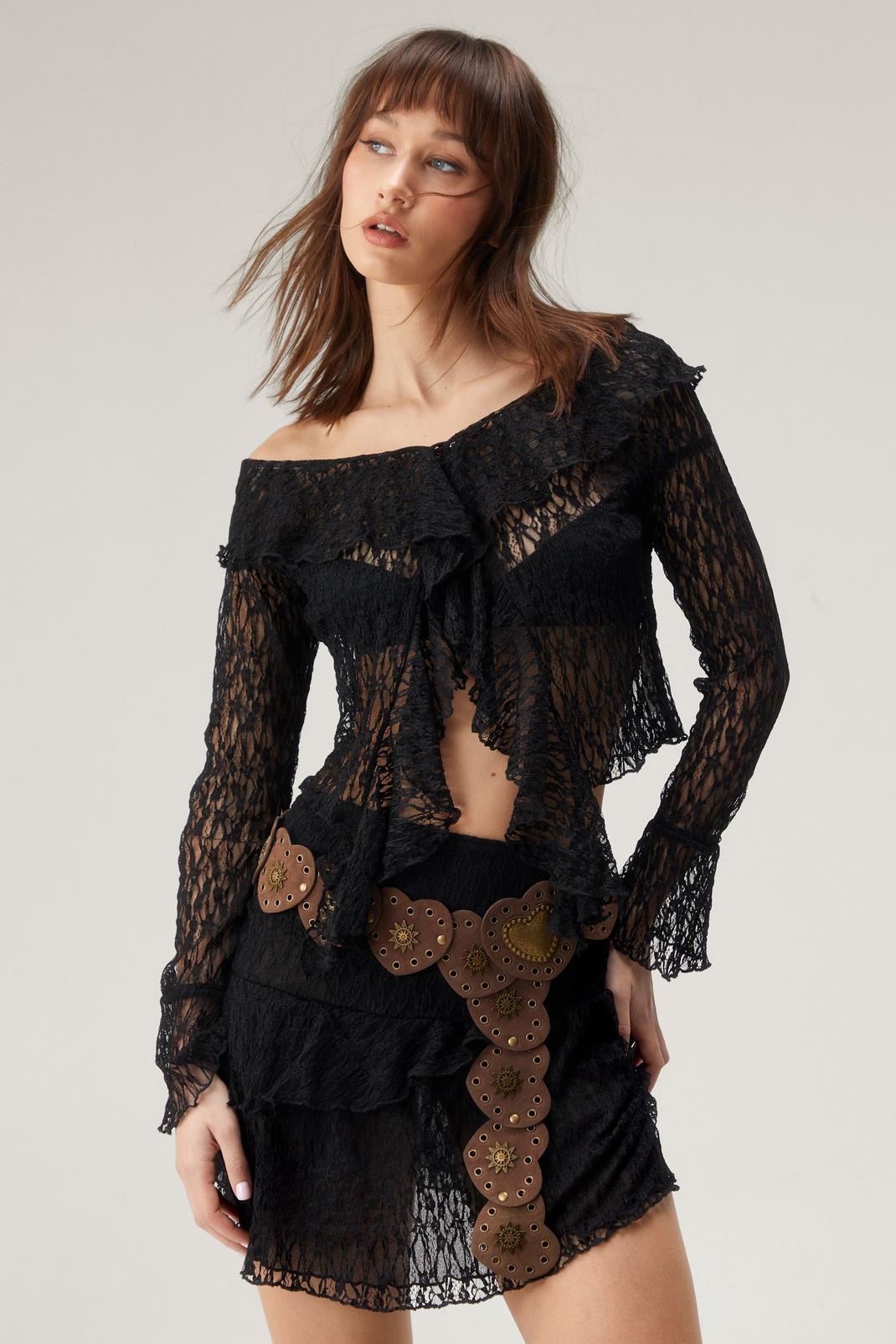 Black Lace Frill Detail Long Sleeve Top image number 1