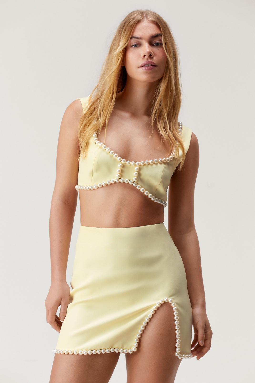 Lemon Premium Pearl Detail Mini Skirt image number 1