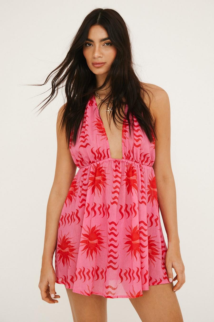 Cotton Sun Print Tie Back Plunge Mini Beach Dress
