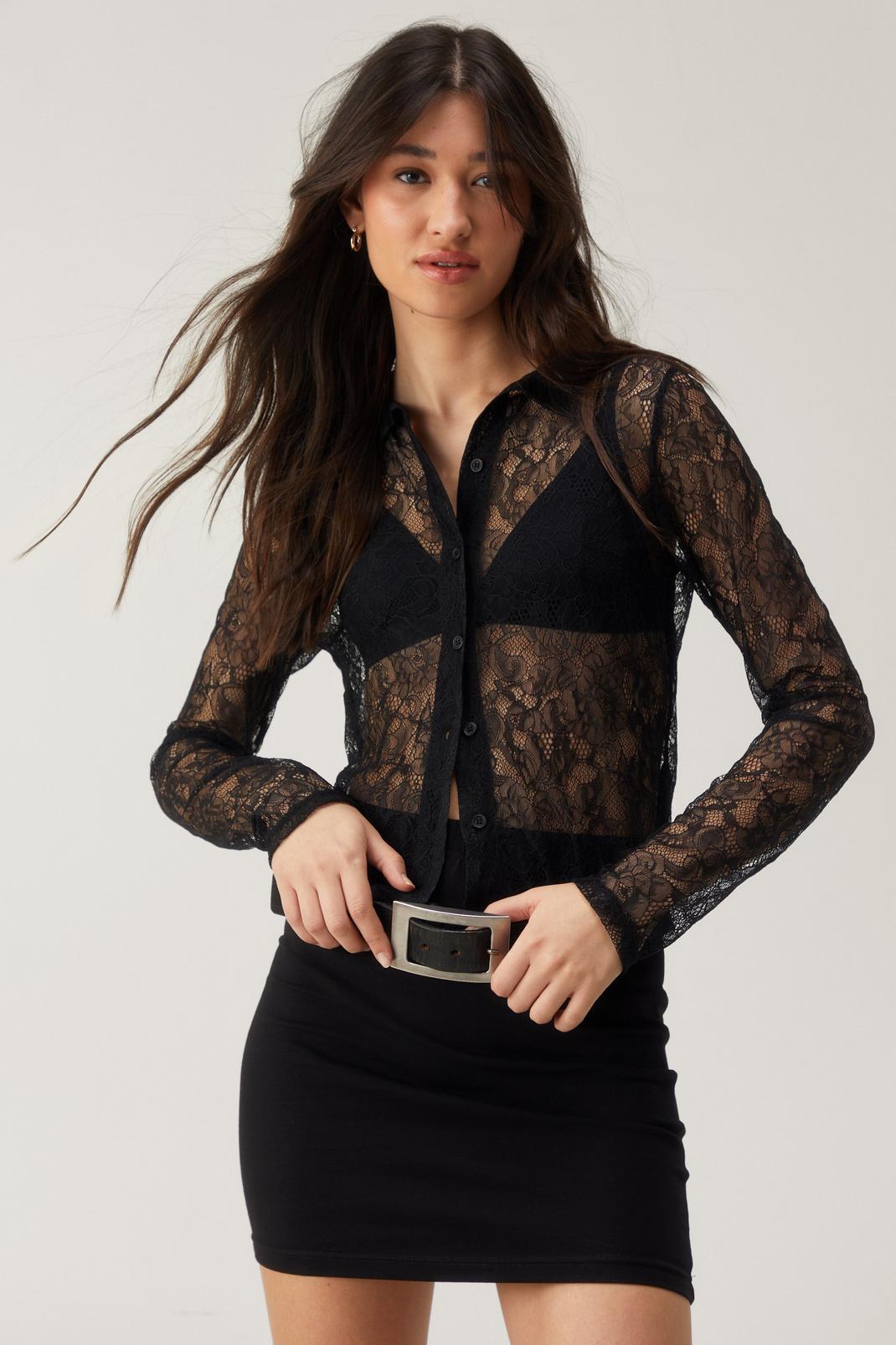 Black Lace Button Up Shirt image number 1