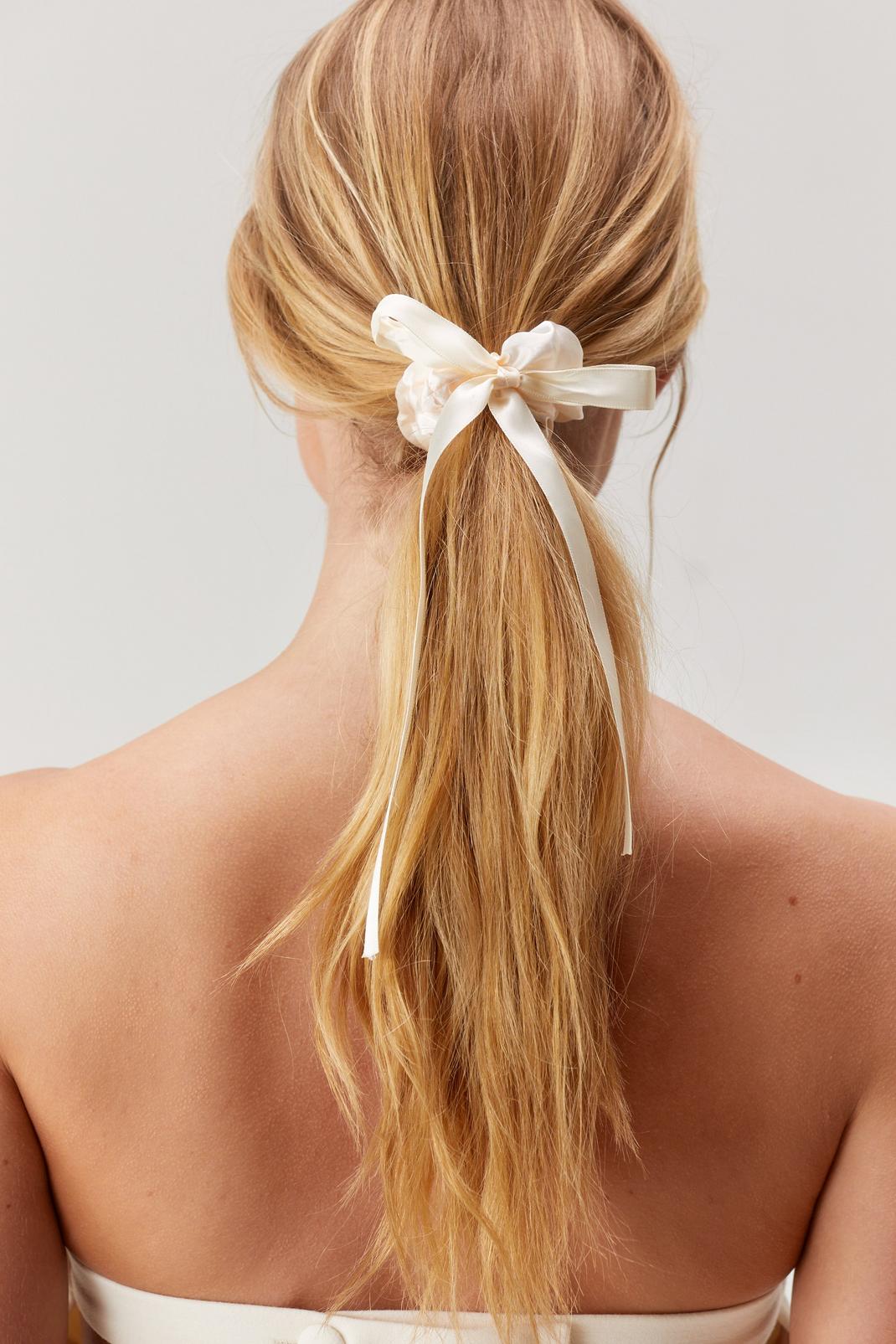 Ivory Satin Bow Hair Scrunchie image number 1