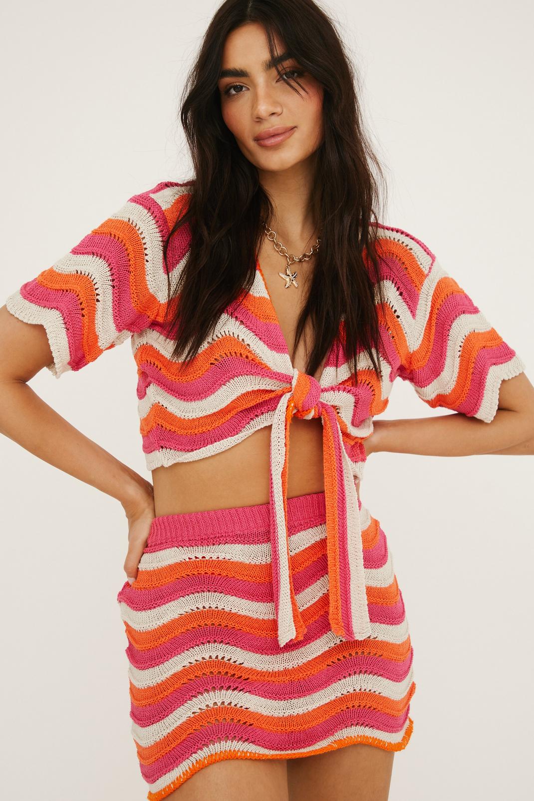 Pink Mutli Crochet Wave Tie Front Top And Skirt Beach Set image number 1