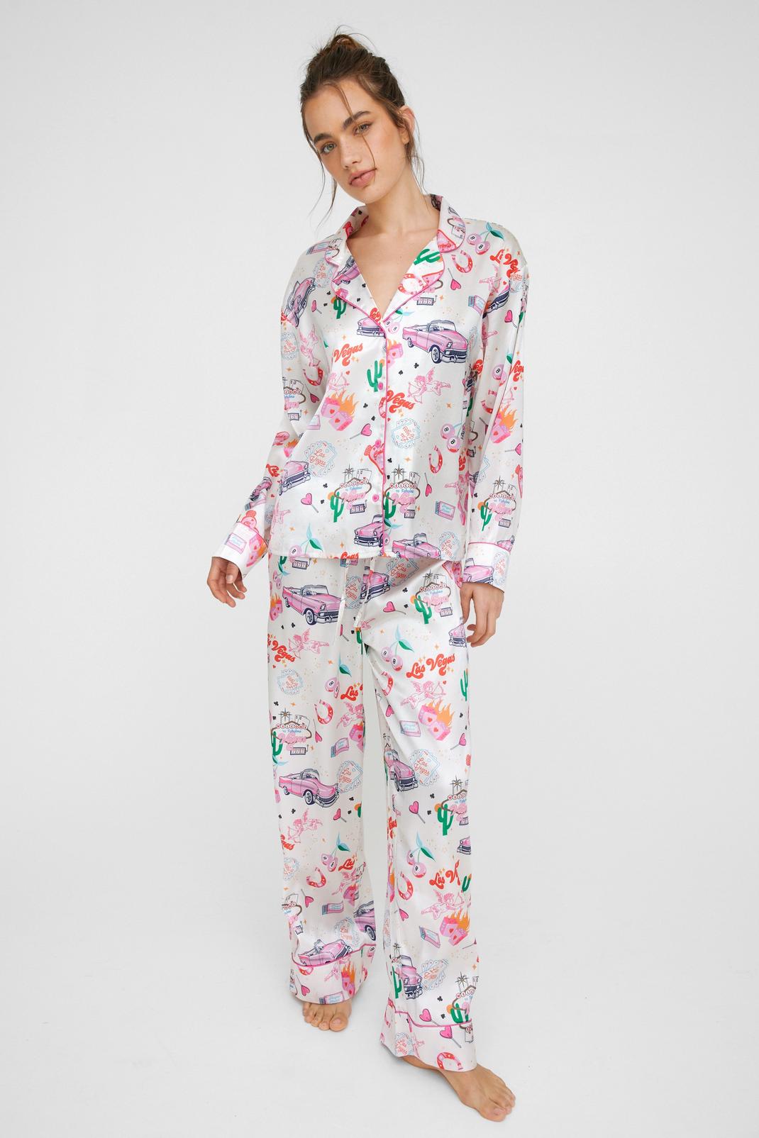 White Vegas Printed Satin Pajama Pants Set image number 1