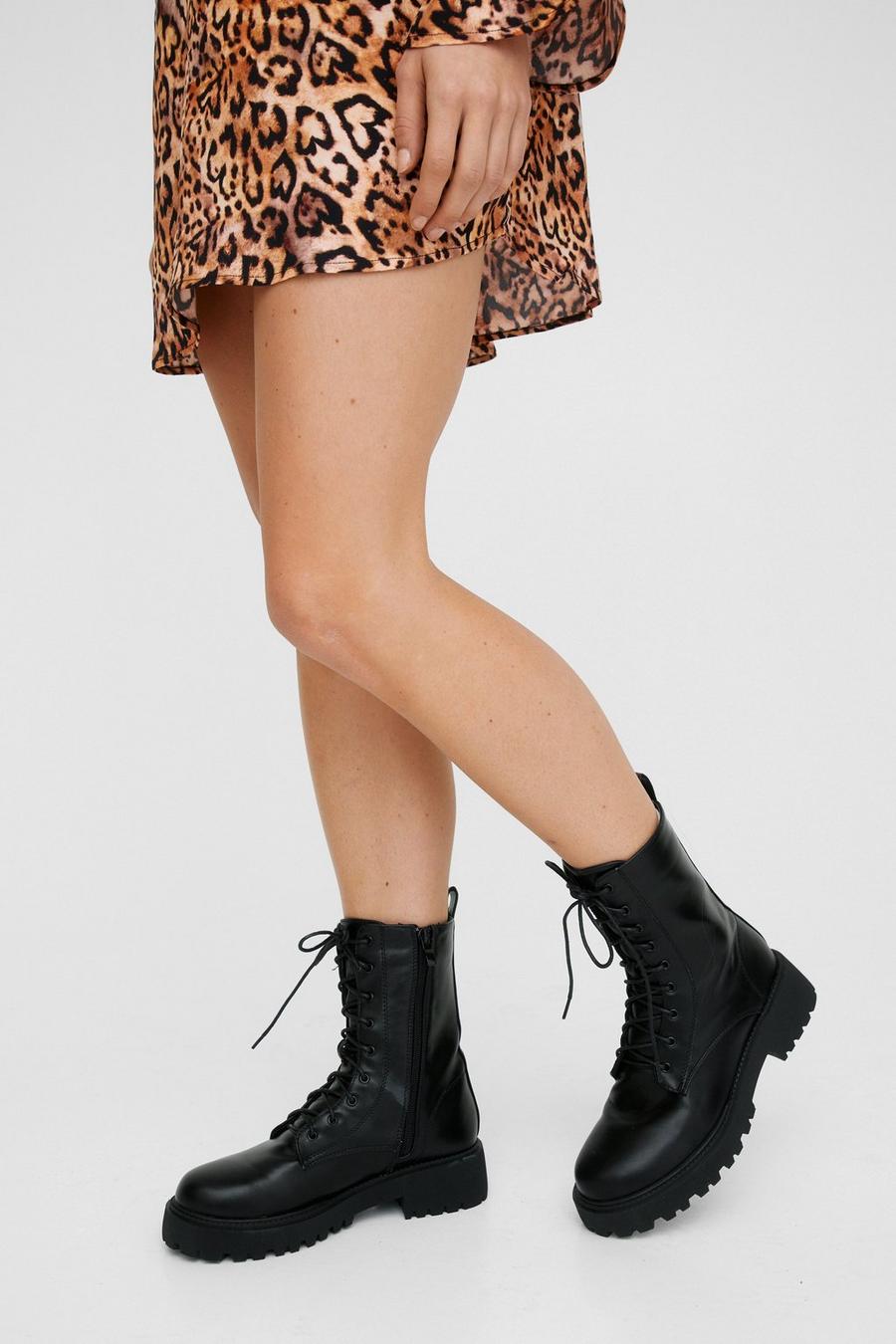 Faux Leather Lace Up Chunky Biker Boots
