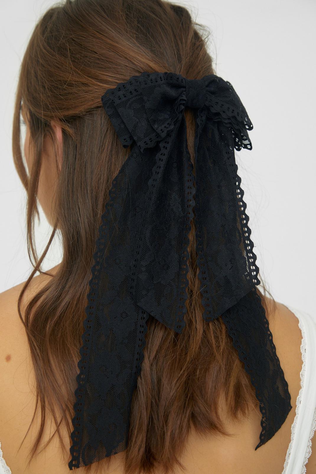 Black Floral Lace Double Layered Hair Bow image number 1