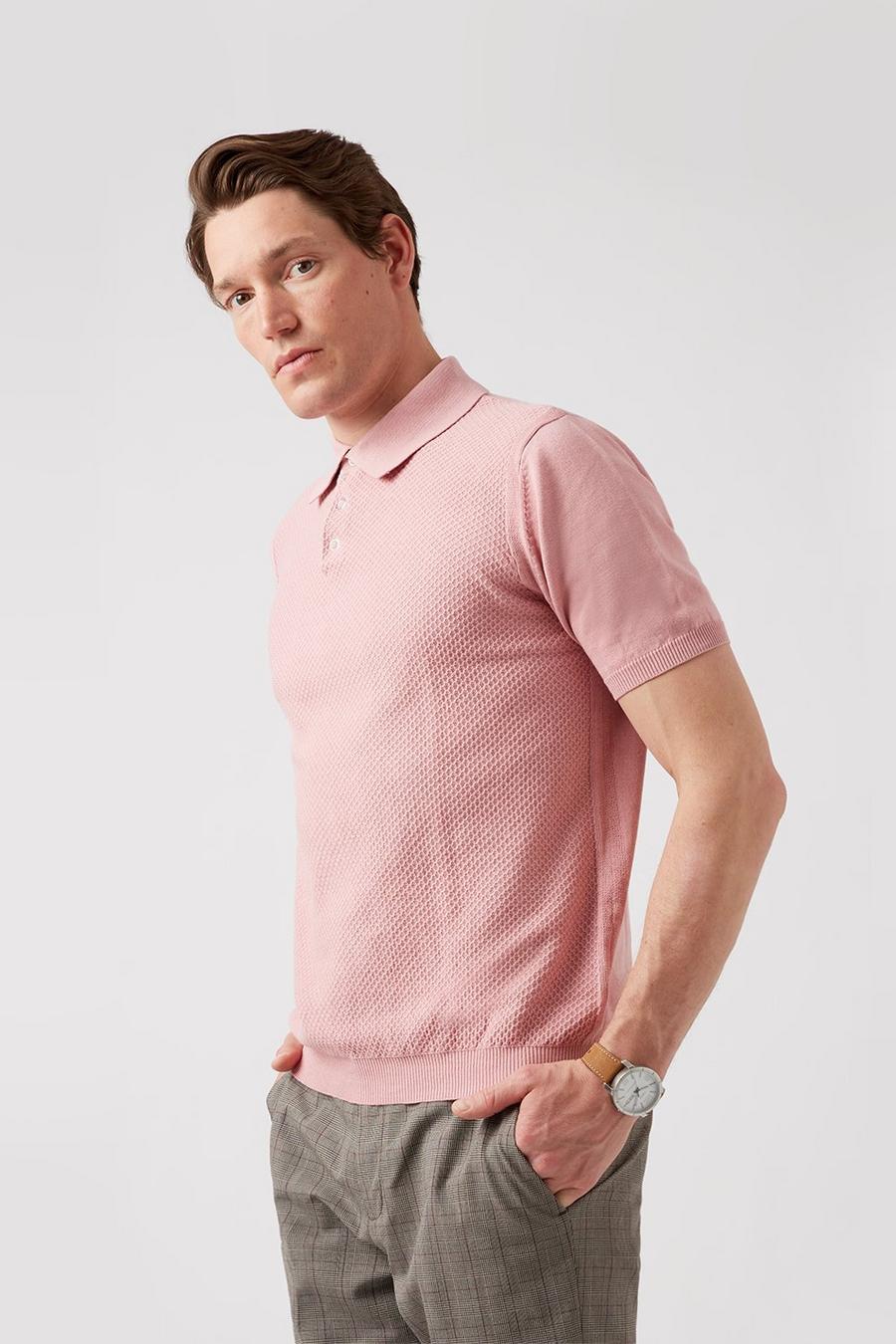 Pink Shortsleeve Textured Knitted Polo
