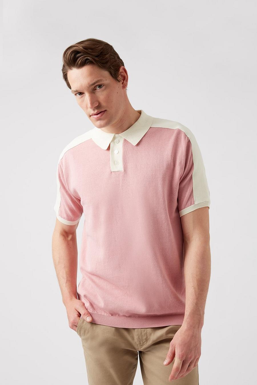 Pink Relaxed Fit Overarm Stripe Knitted Polo