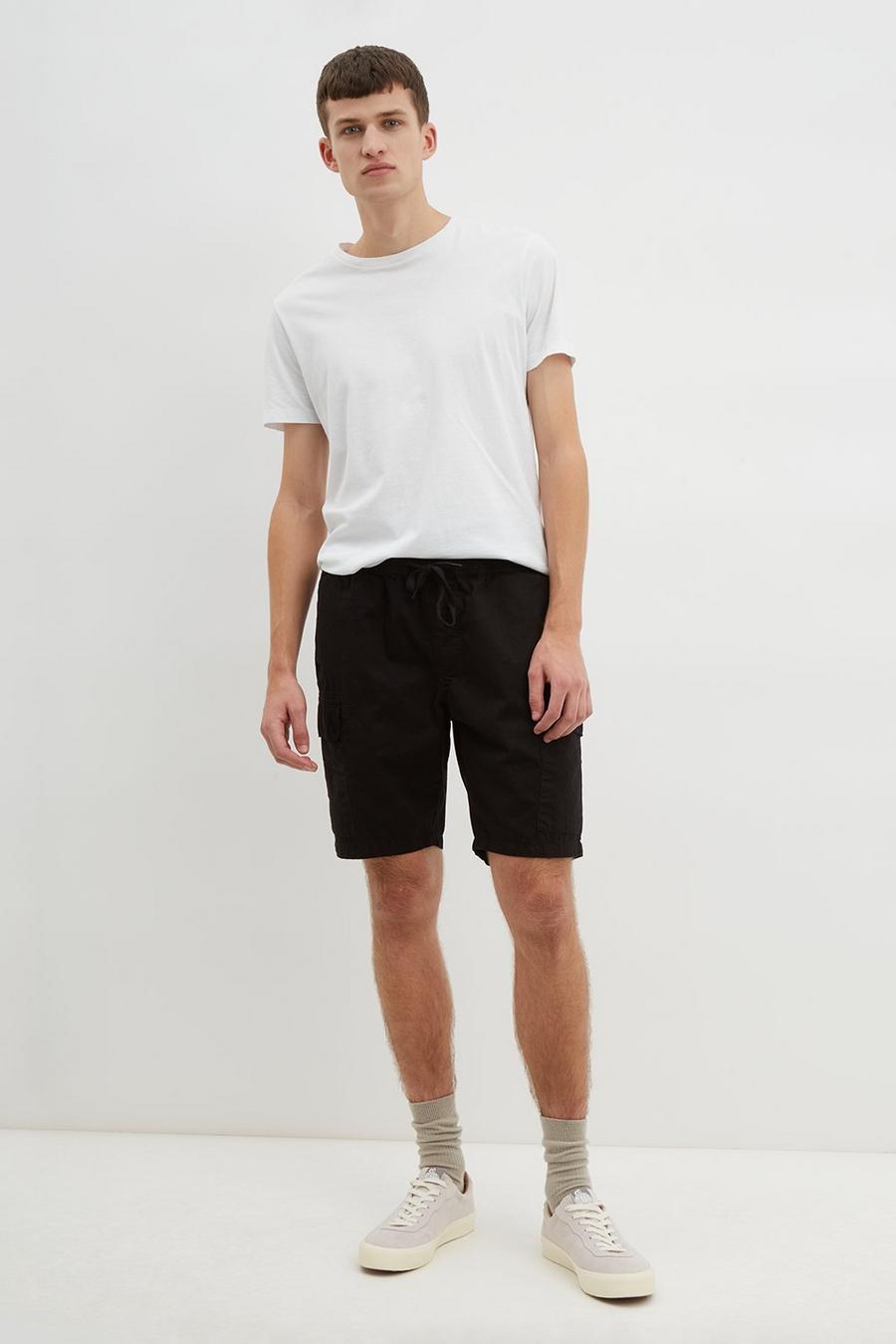 Black Ripstop Washed Pull On Cargo Shorts