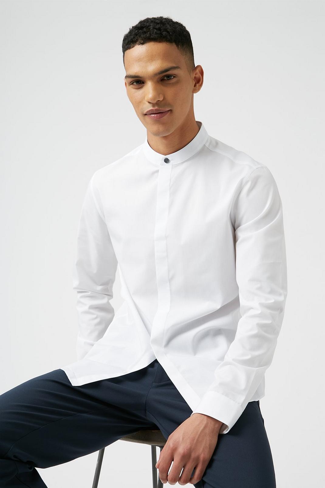 White Concealed Placket Shirt With Grandad Collar image number 1
