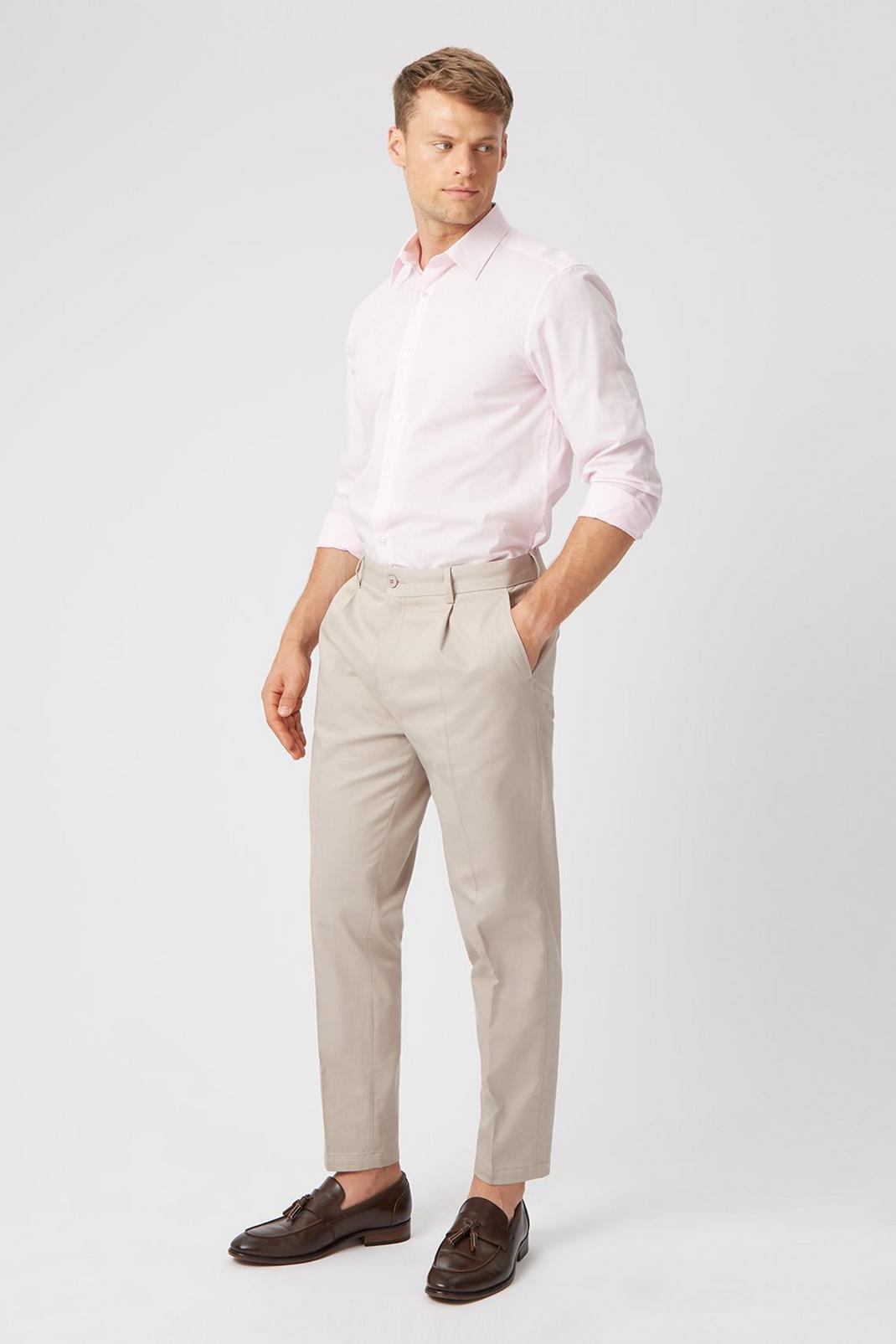 Tapered Beige Pleat Front Trousers image number 1