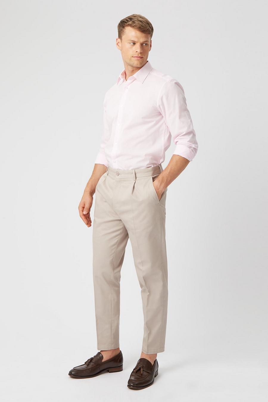 Tapered Beige Pleat Front Trousers