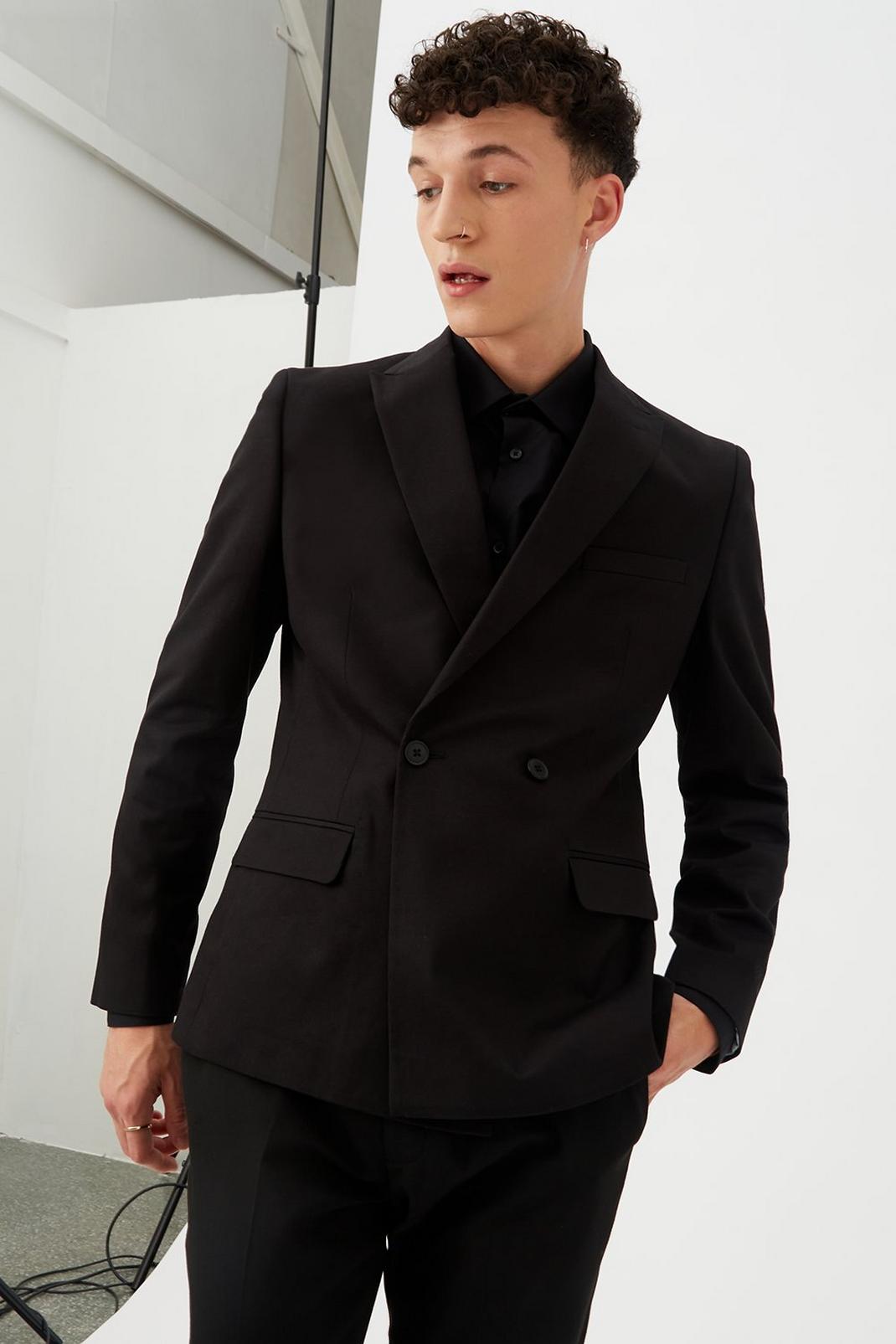 Black Double Breasted Cotton Blazer image number 1