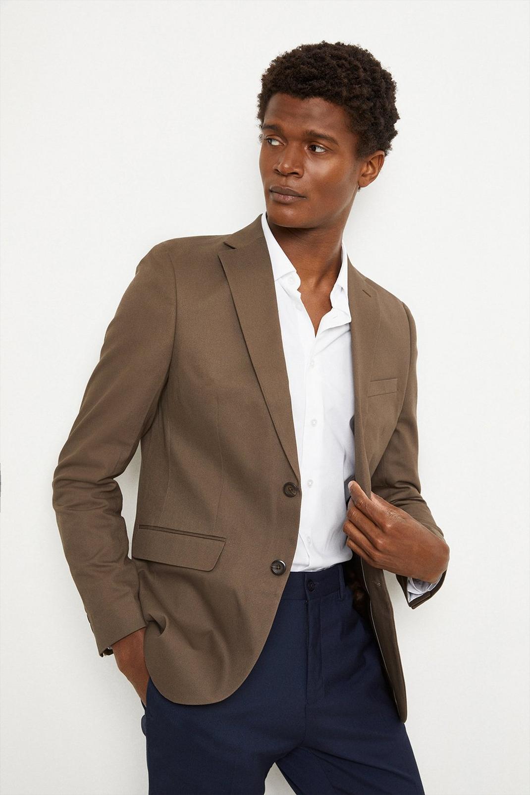 Brown Single Breasted Cotton Blazer image number 1