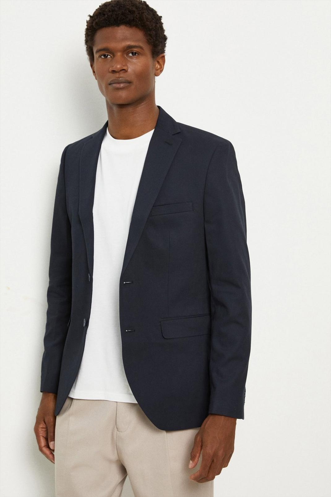 Navy Single Breasted Cotton Blazer image number 1
