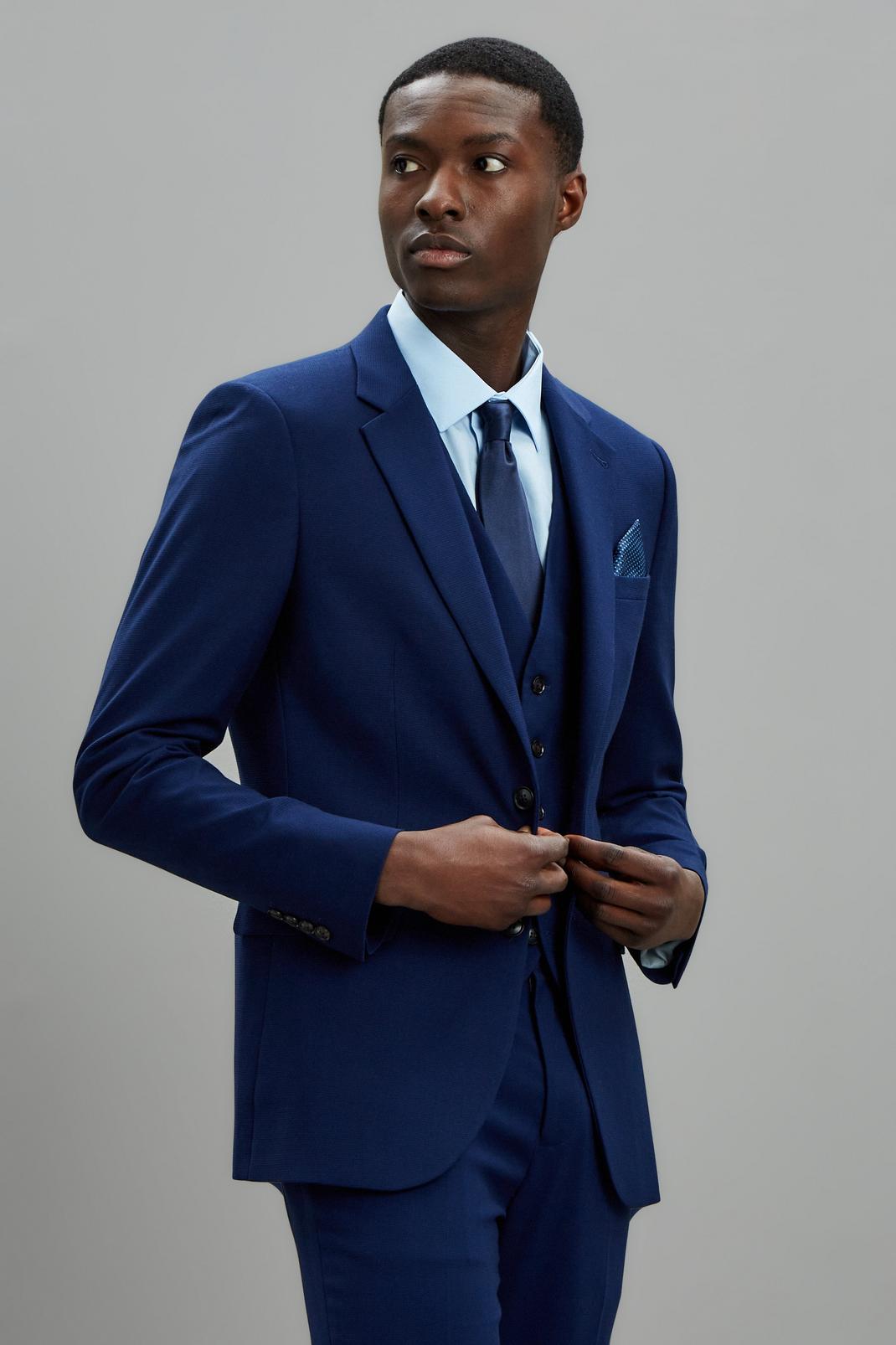 Blue Texture Skinny Fit Three-Piece Suit  image number 2
