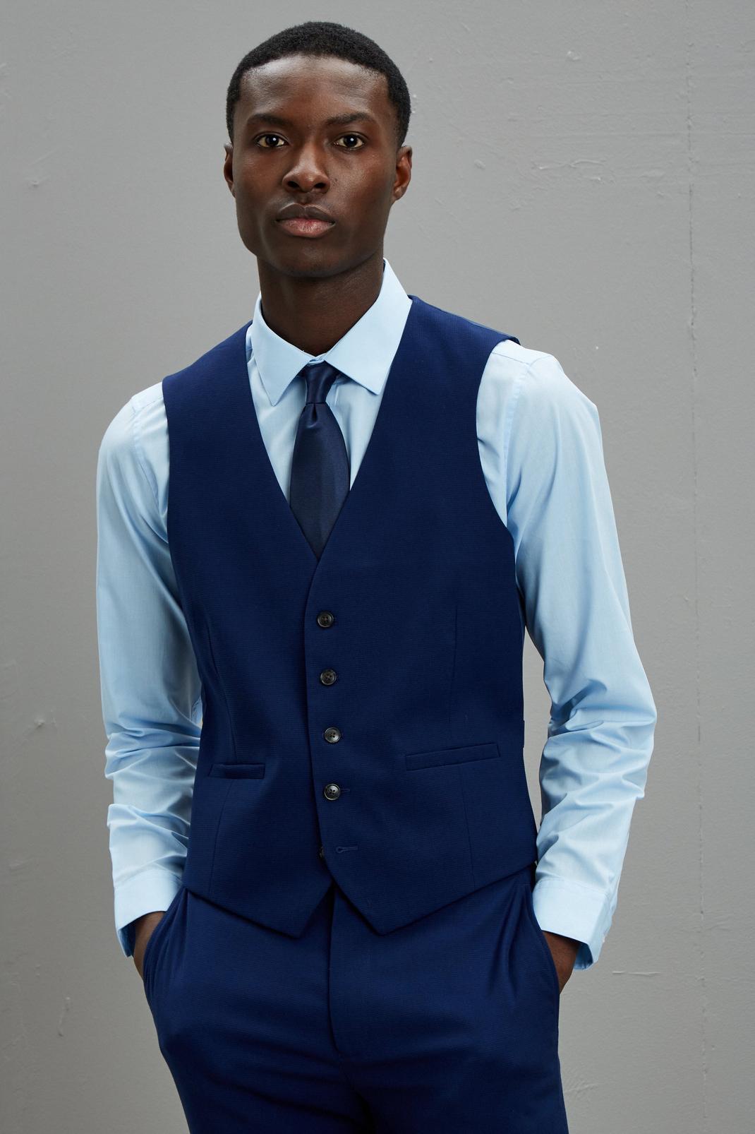 Navy Skinny Fit Blue Texture Suit Waistcoat image number 1