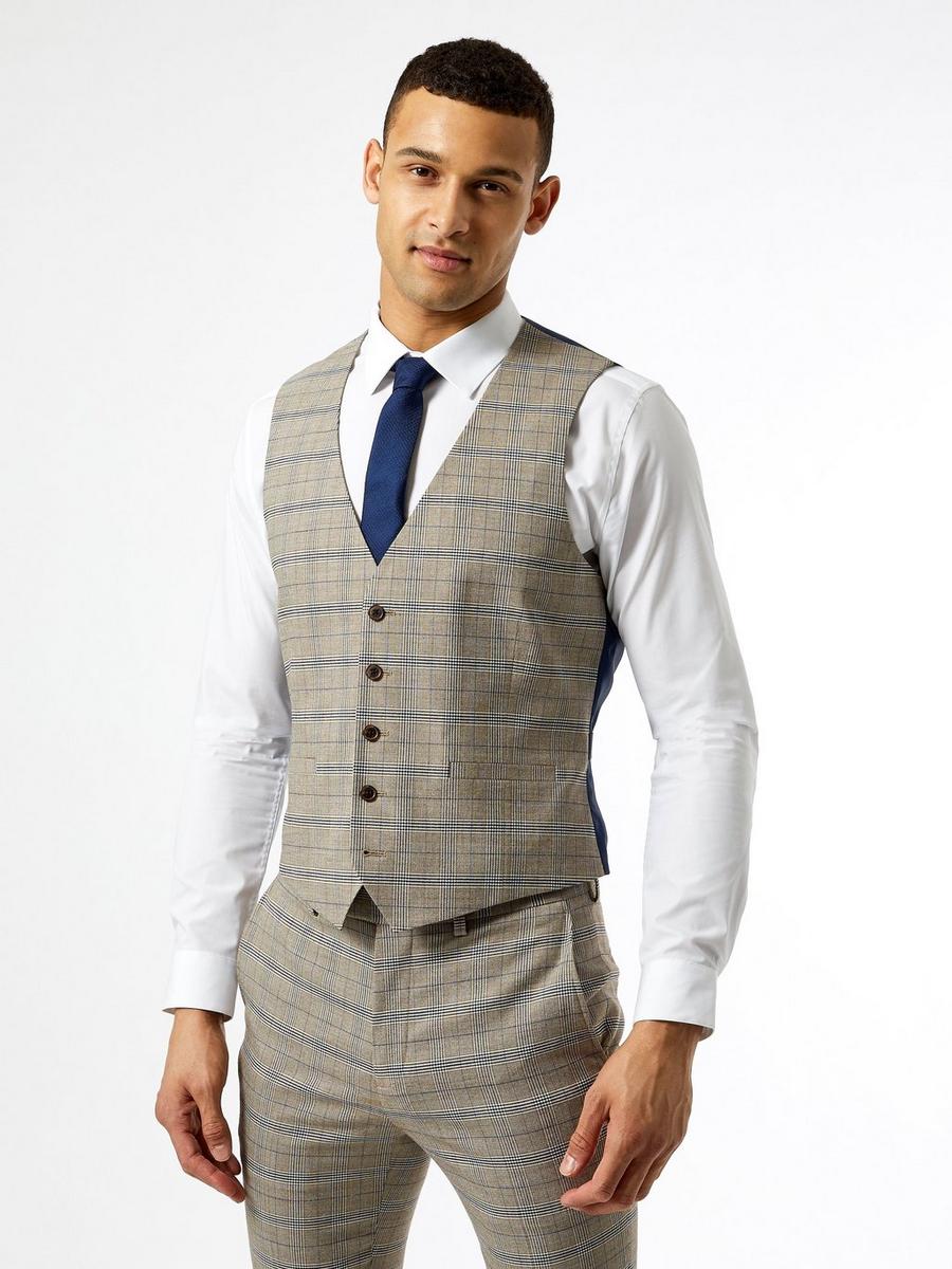 Neutral Navy Check Skinny Fit Suit Waistcoat