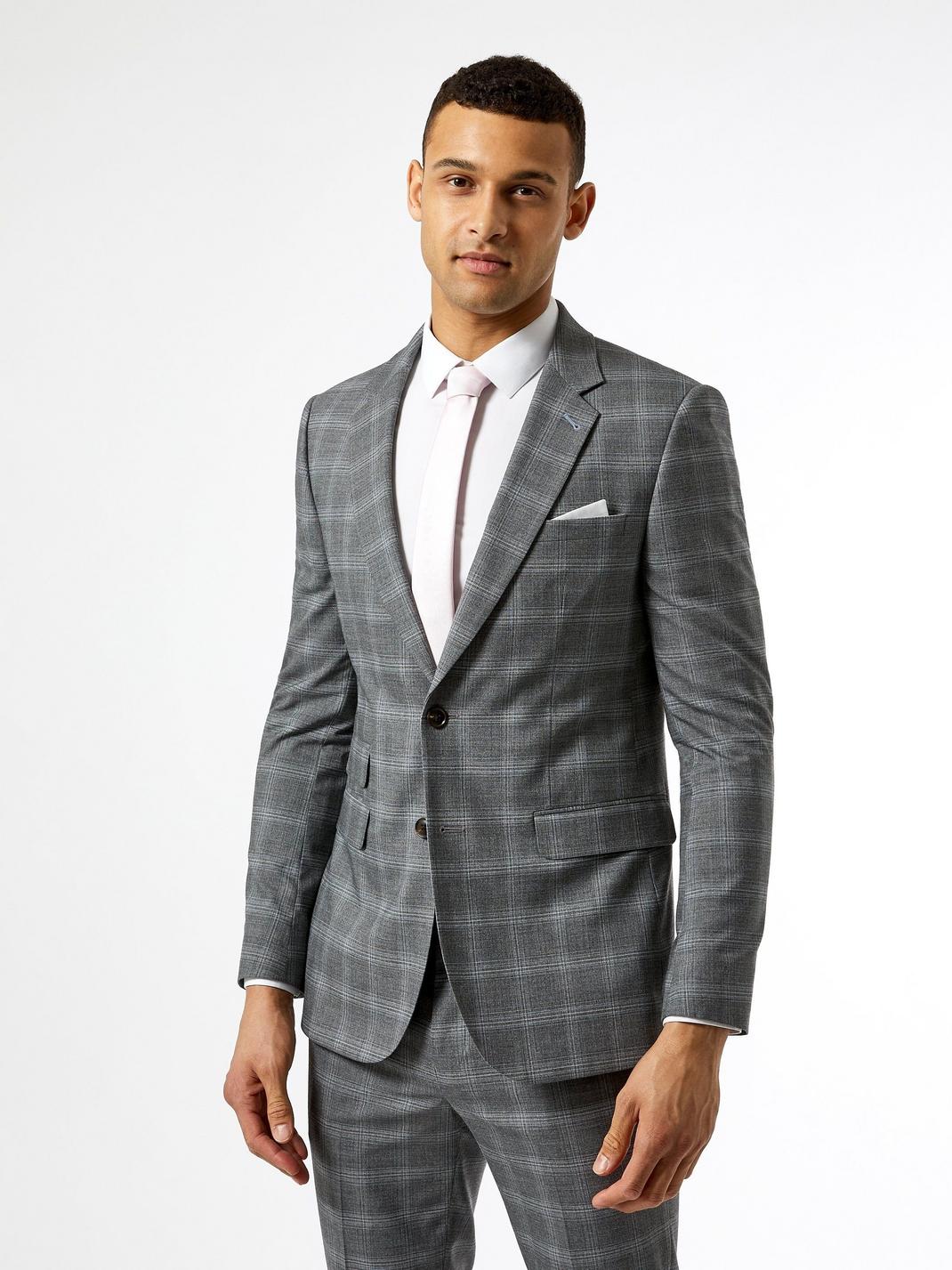 Skinny Fit Grey Fine Check Suit Jacket image number 1