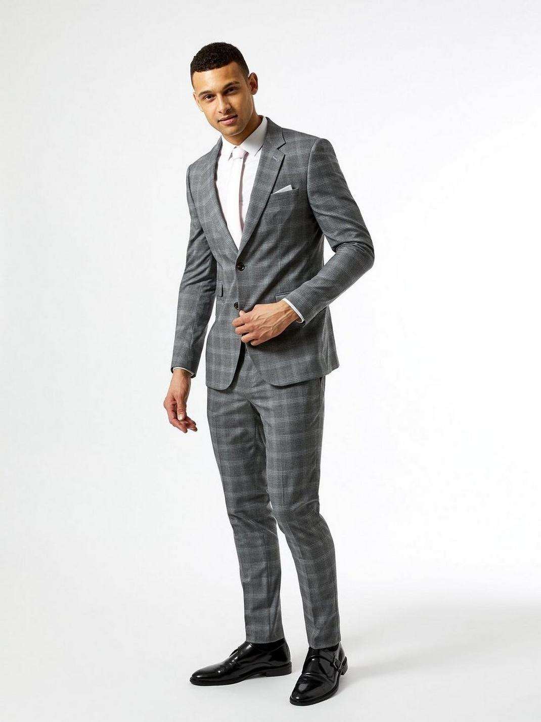 131 Grey Fine Check Skinny Fit Suit Jacket image number 2