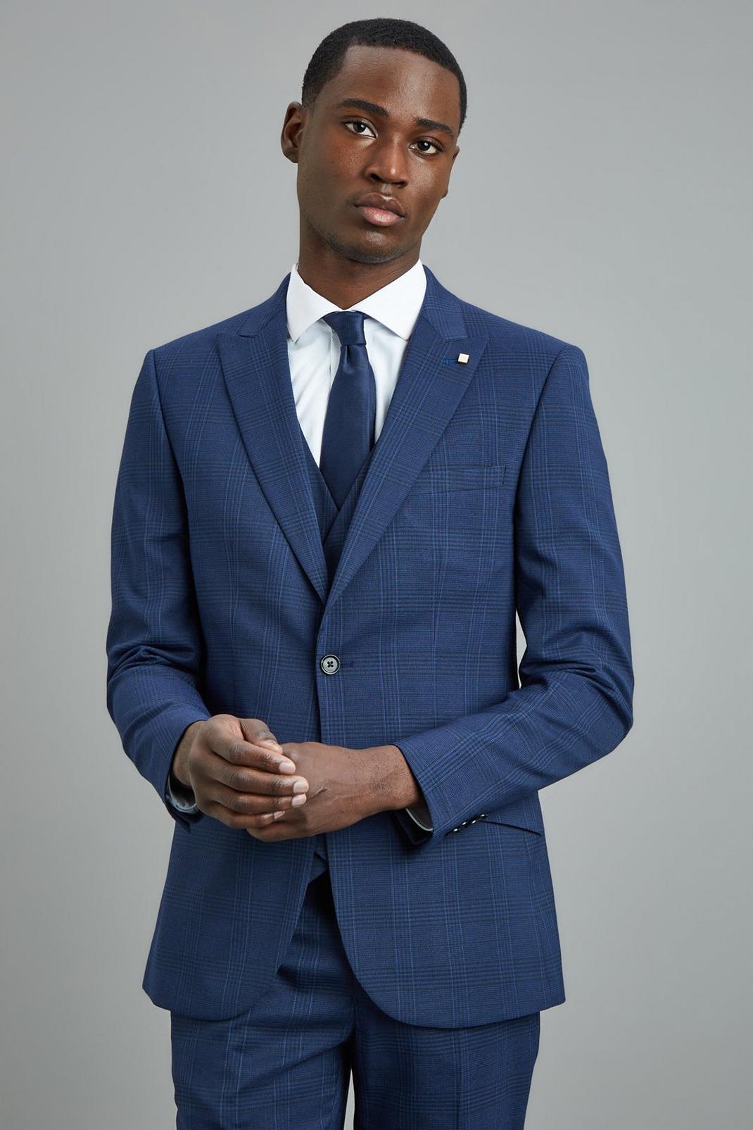 Skinny Fit Navy Highlight Check Jacket image number 1