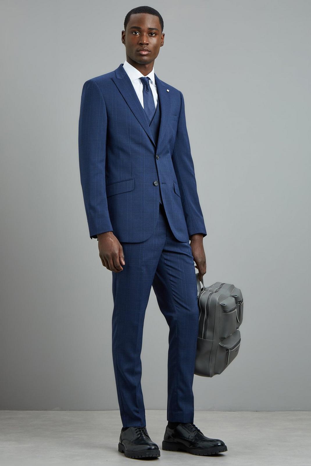 Navy Highlight Check Skinny Fit Two-Piece Suit image number 2