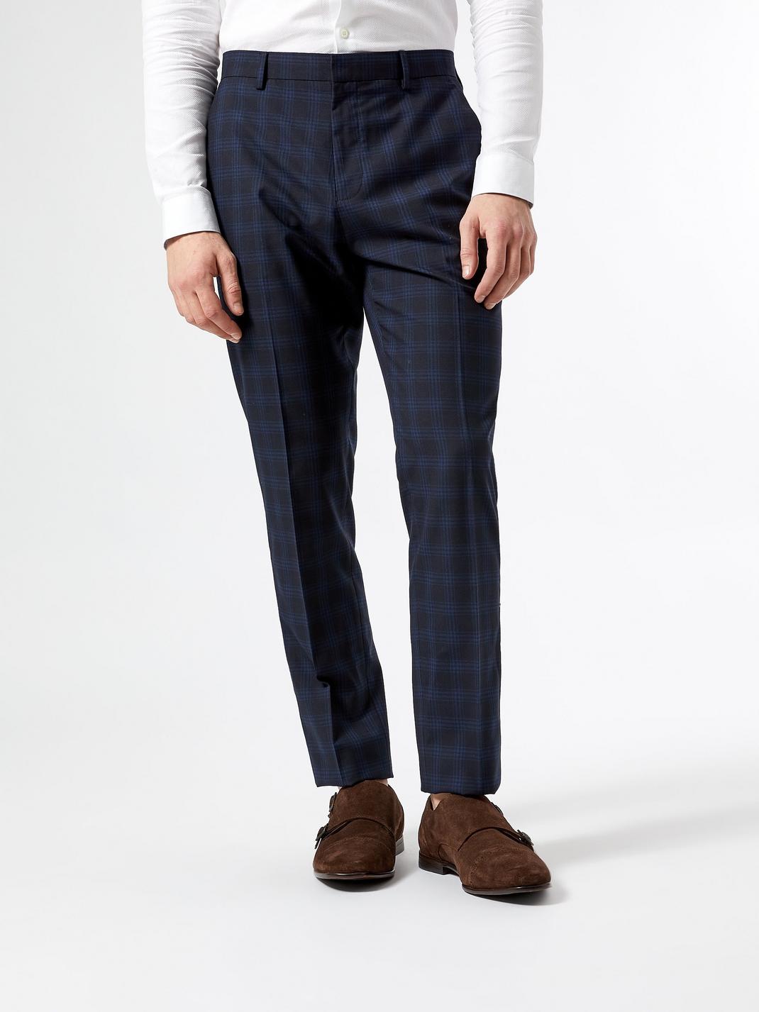 148 Blue Slim Fit Prince Of Wales Check Trousers image number 1
