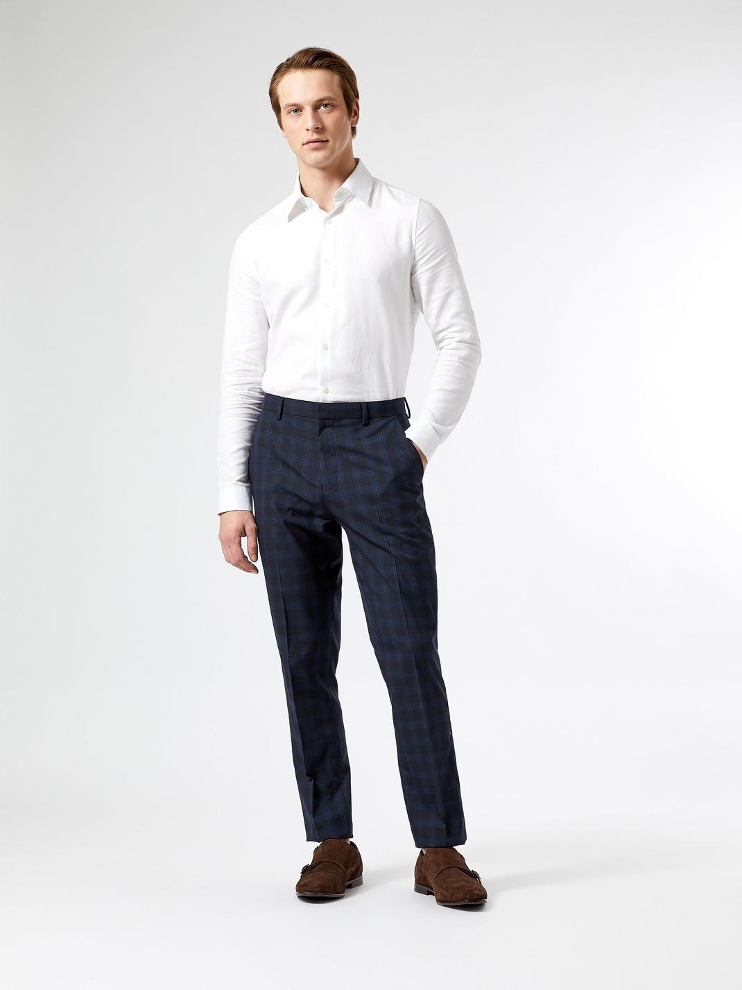 148 Blue Slim Fit Prince Of Wales Check Trousers image number 2