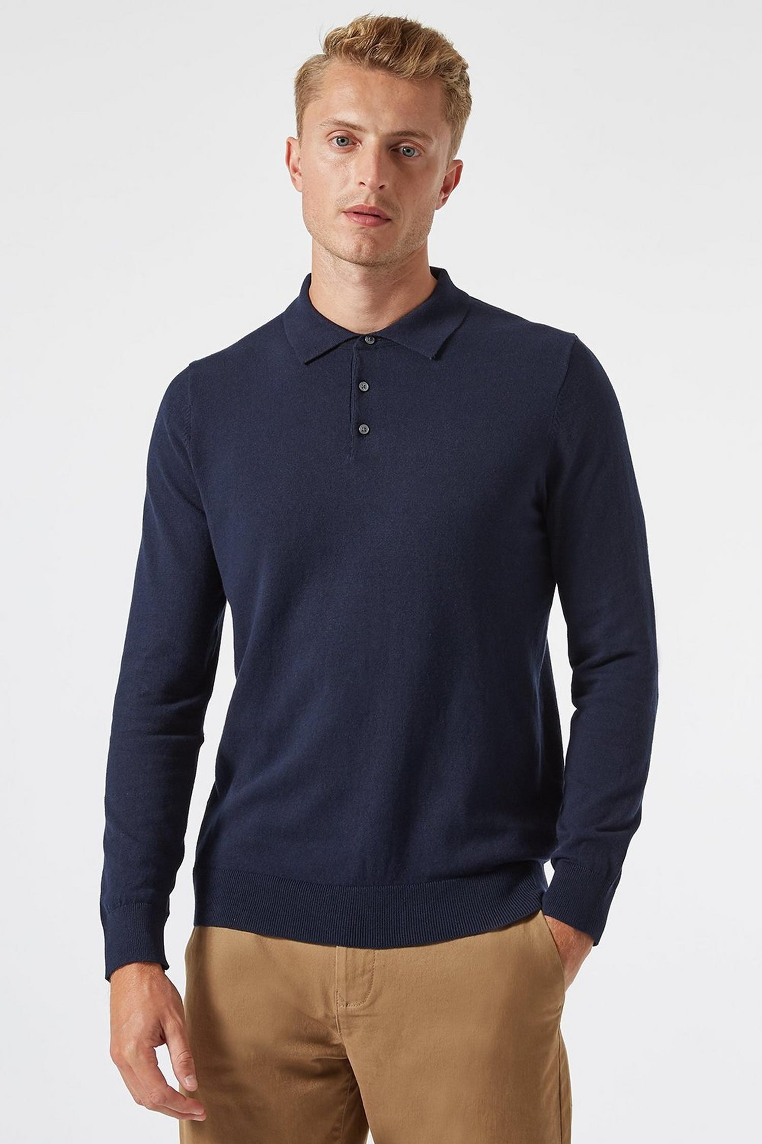Navy Knitted Polo Neck Jumper with Organic Cotton | Burton UK