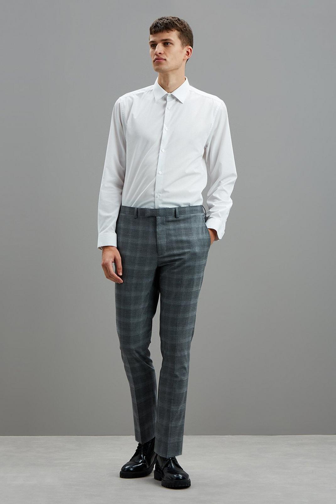 131 Grey Fine Check Skinny Fit Suit Trousers image number 1
