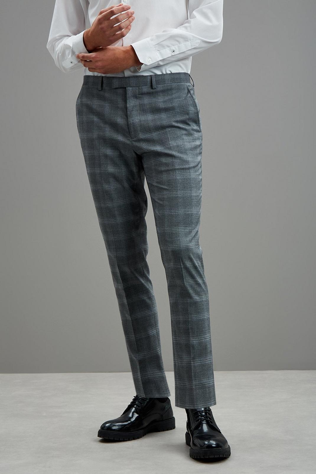 131 Grey Fine Check Skinny Fit Suit Trousers image number 2