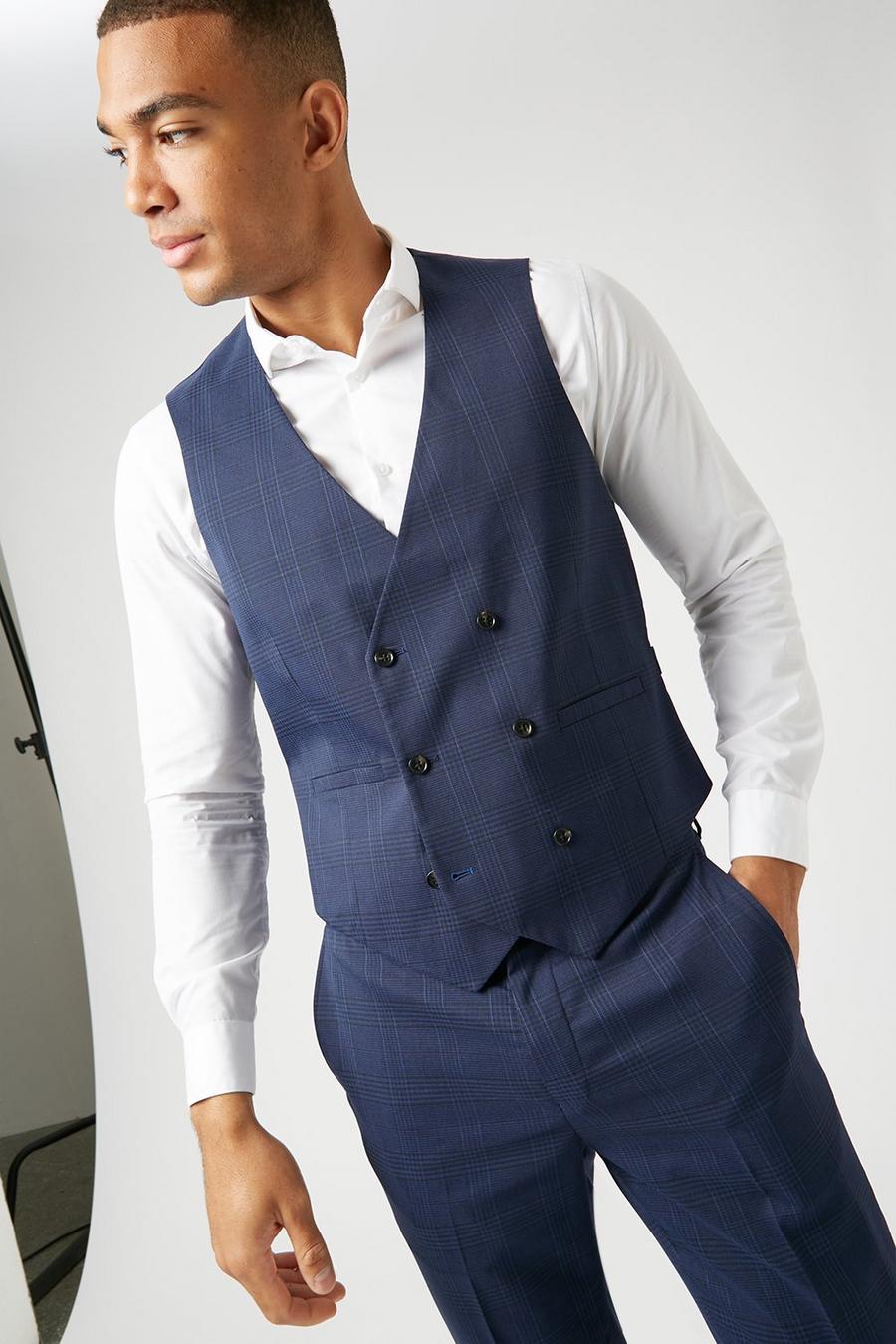 Skinny Fit Navy Highlight Check Suit Waistcoat