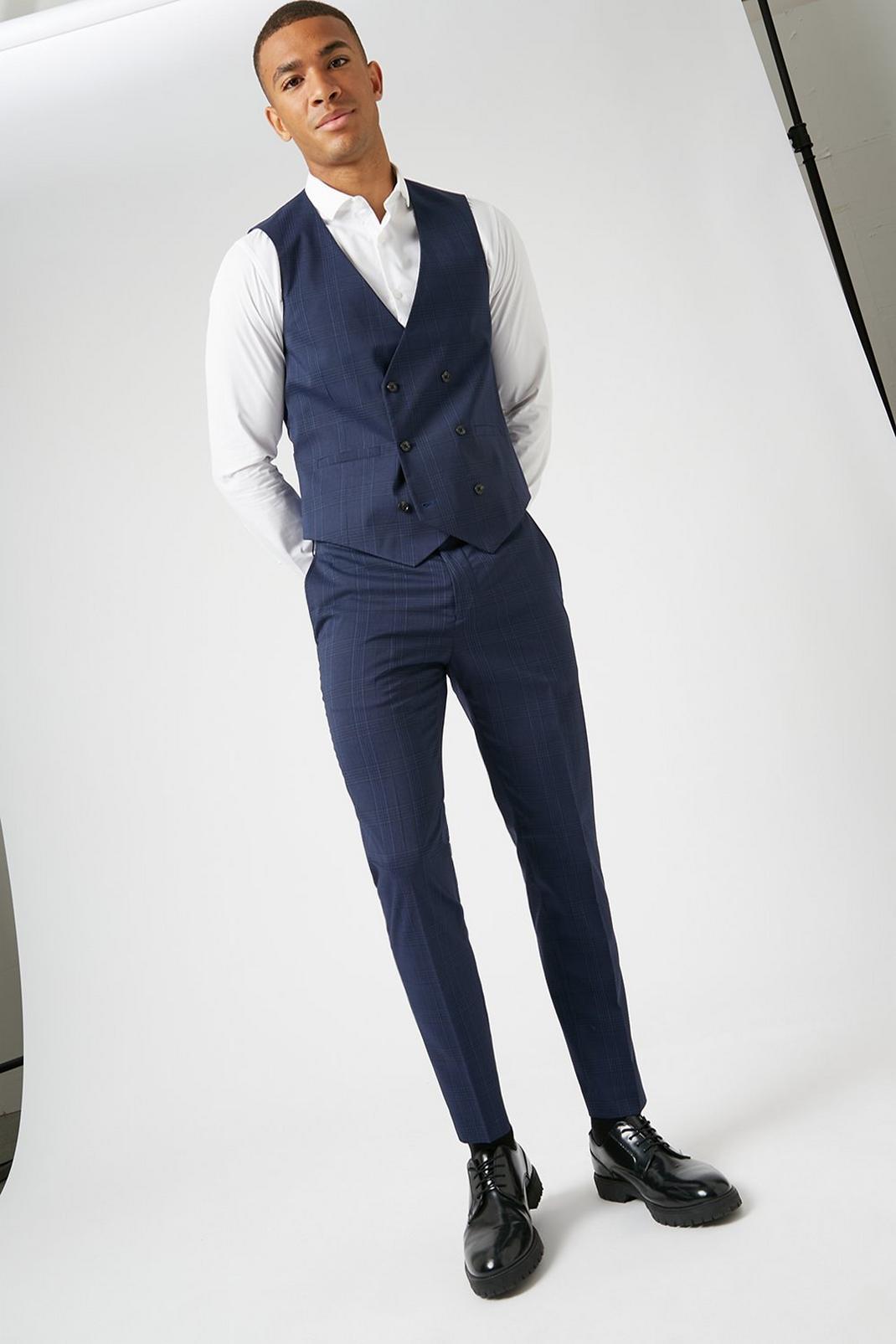 148 Navy Highlight Check Skinny Fit Suit Waistcoat image number 2