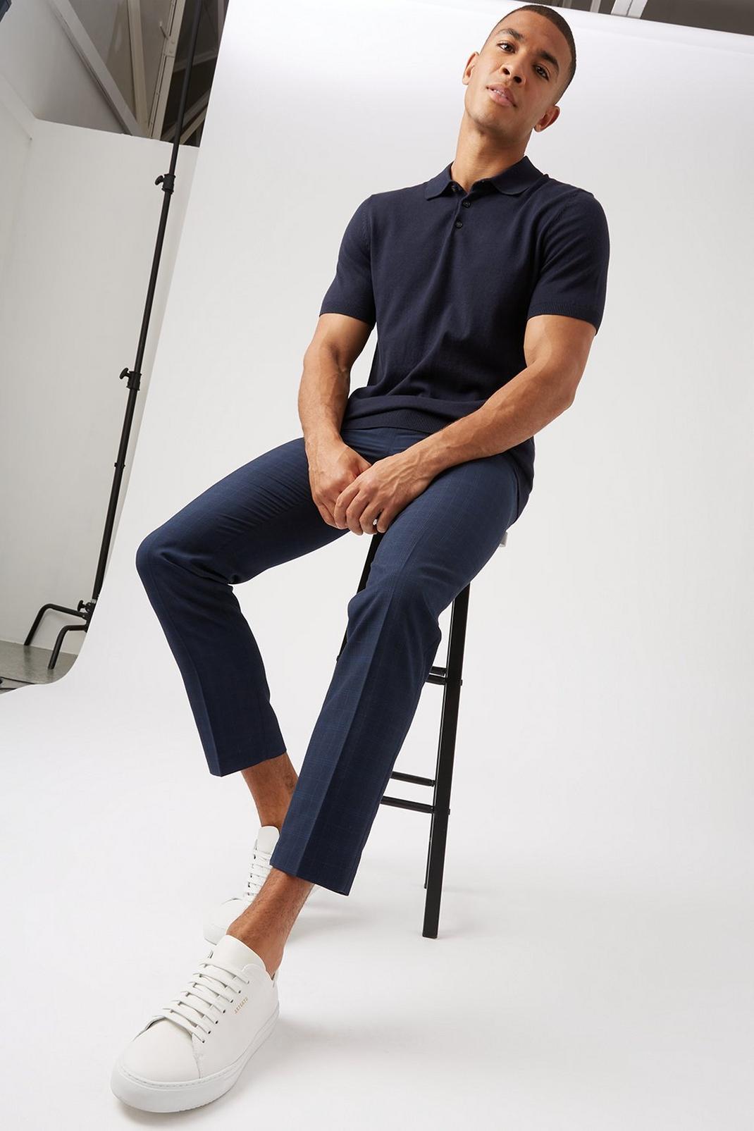 148 Navy Slim Check Trousers image number 2