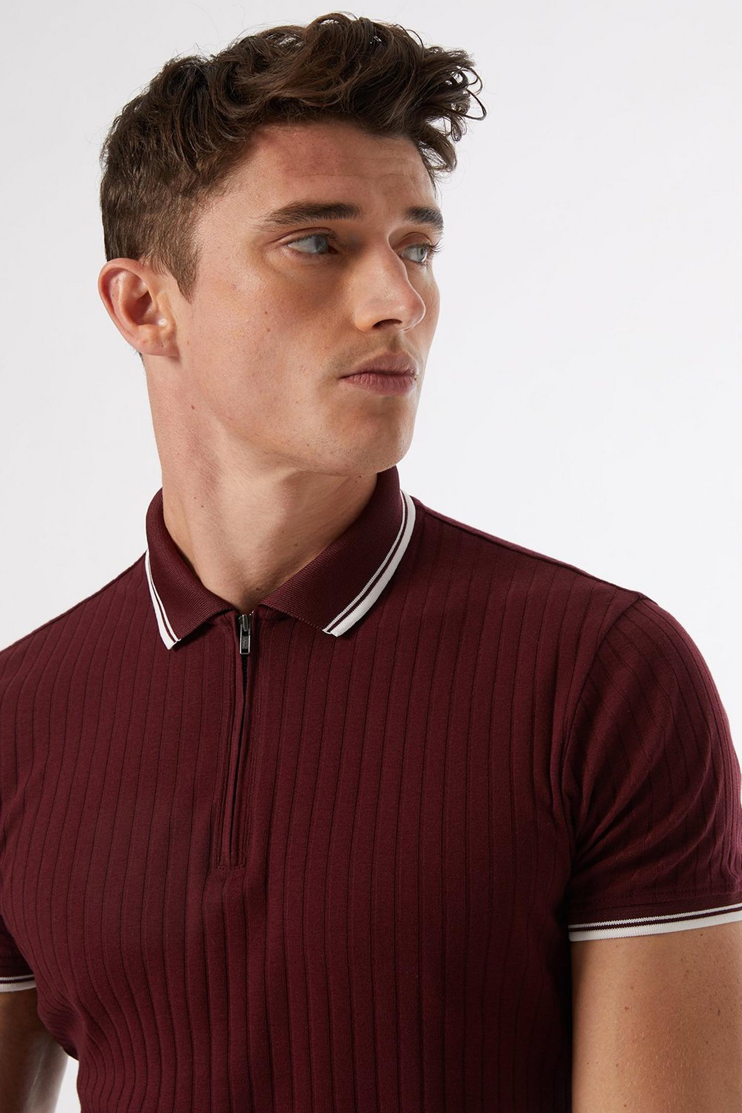 Burgundy Rib Zip Neck Polo Shirt | Burton UK