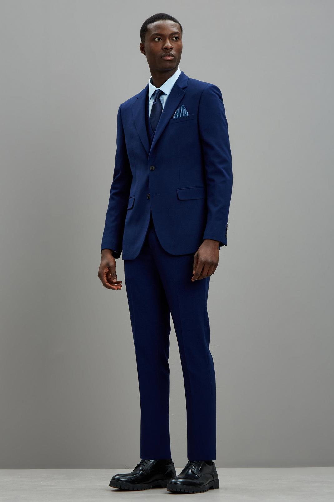 Navy Skinny Fit Blue Texture Suit Trousers image number 1