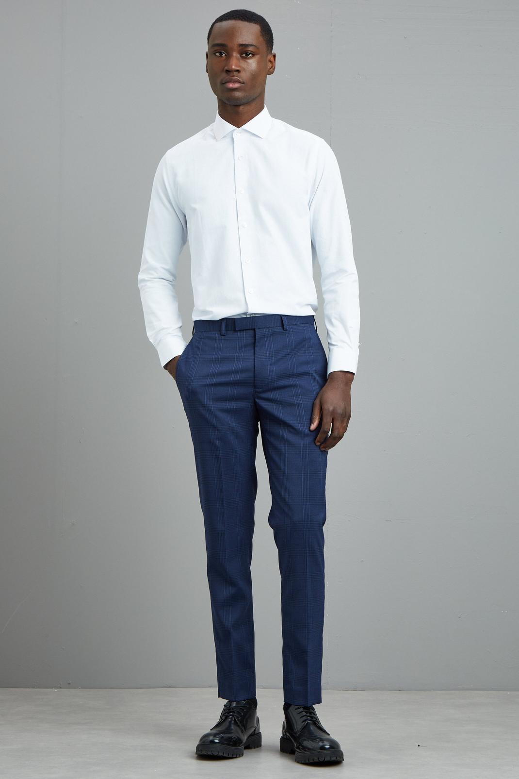 148 Navy Highlight Check Skinny Fit Suit Trousers image number 2